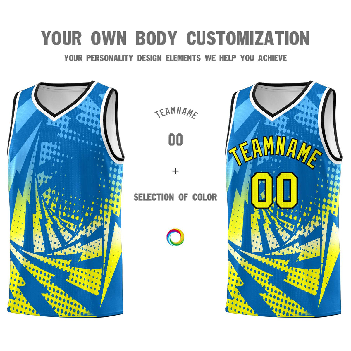 Custom Youth Basketball Jerseys Light Blue Fluorescent Yellow Lightning Design Halftone Personalized Uniforms
