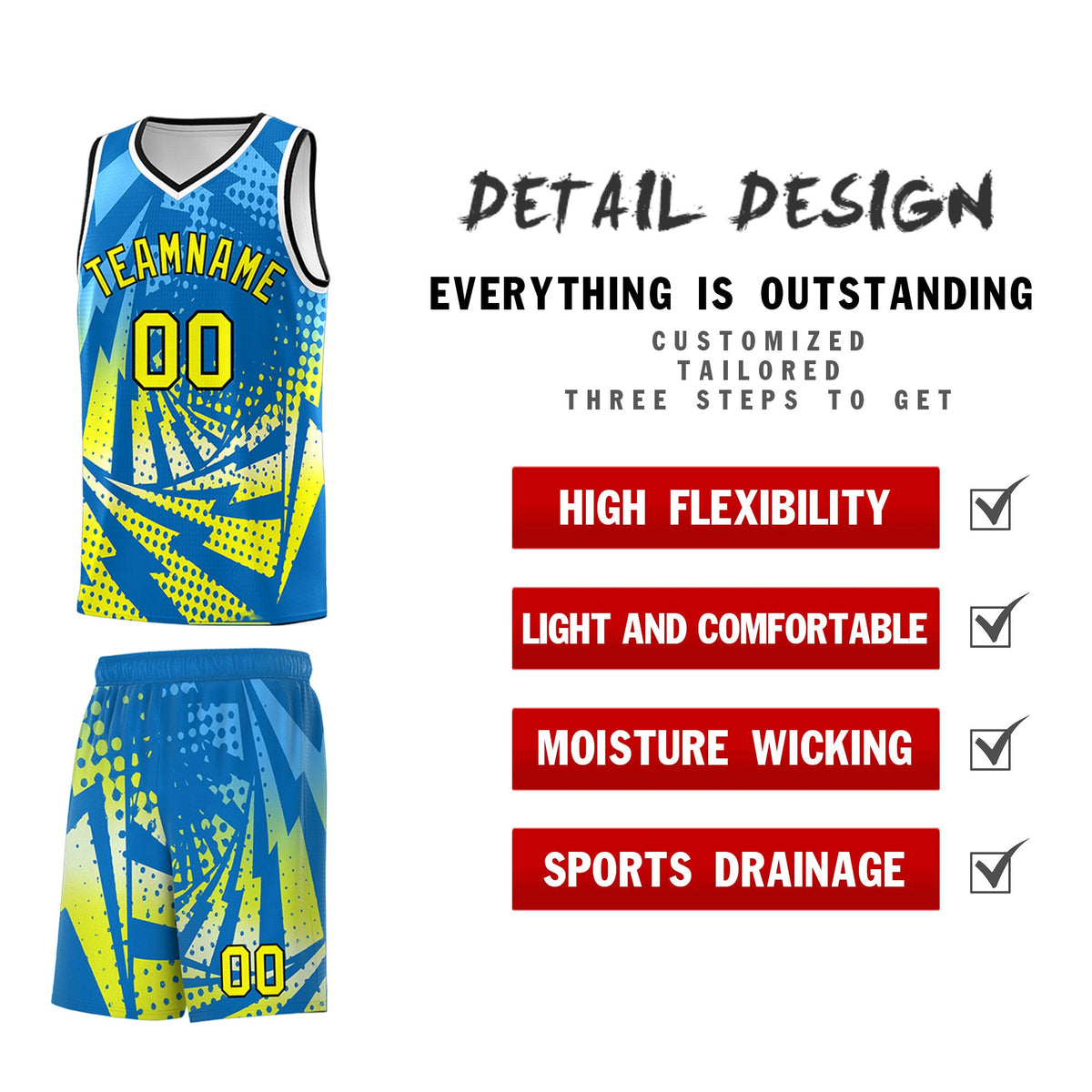 Custom Youth Basketball Jerseys Light Blue Fluorescent Yellow Lightning Design Halftone Personalized Uniforms