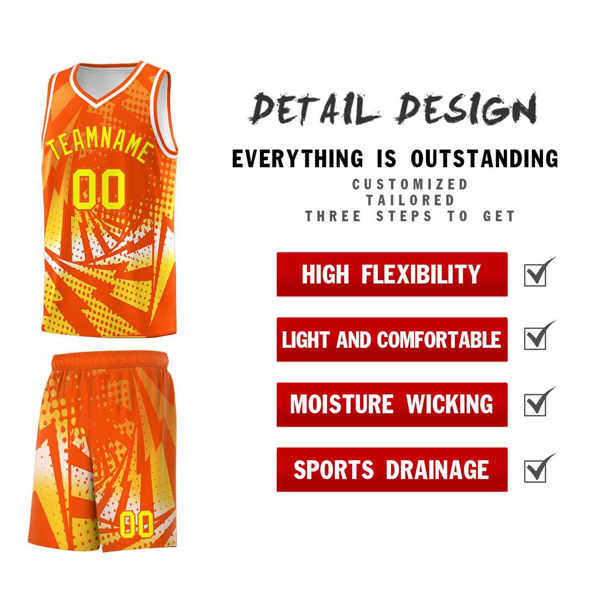 Custom Youth Basketball Jerseys Orange Gold Lightning Halftone Personalized Team Uniforms
