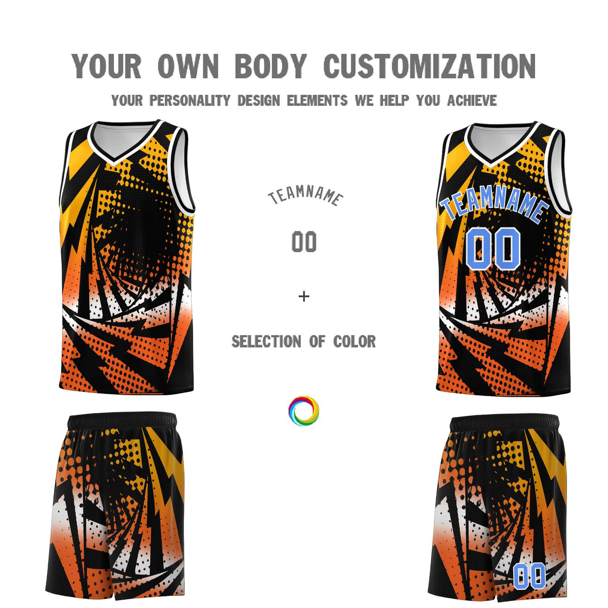 Custom Youth Basketball Jerseys Black Orange Lightning Design Halftone Personalized Uniforms