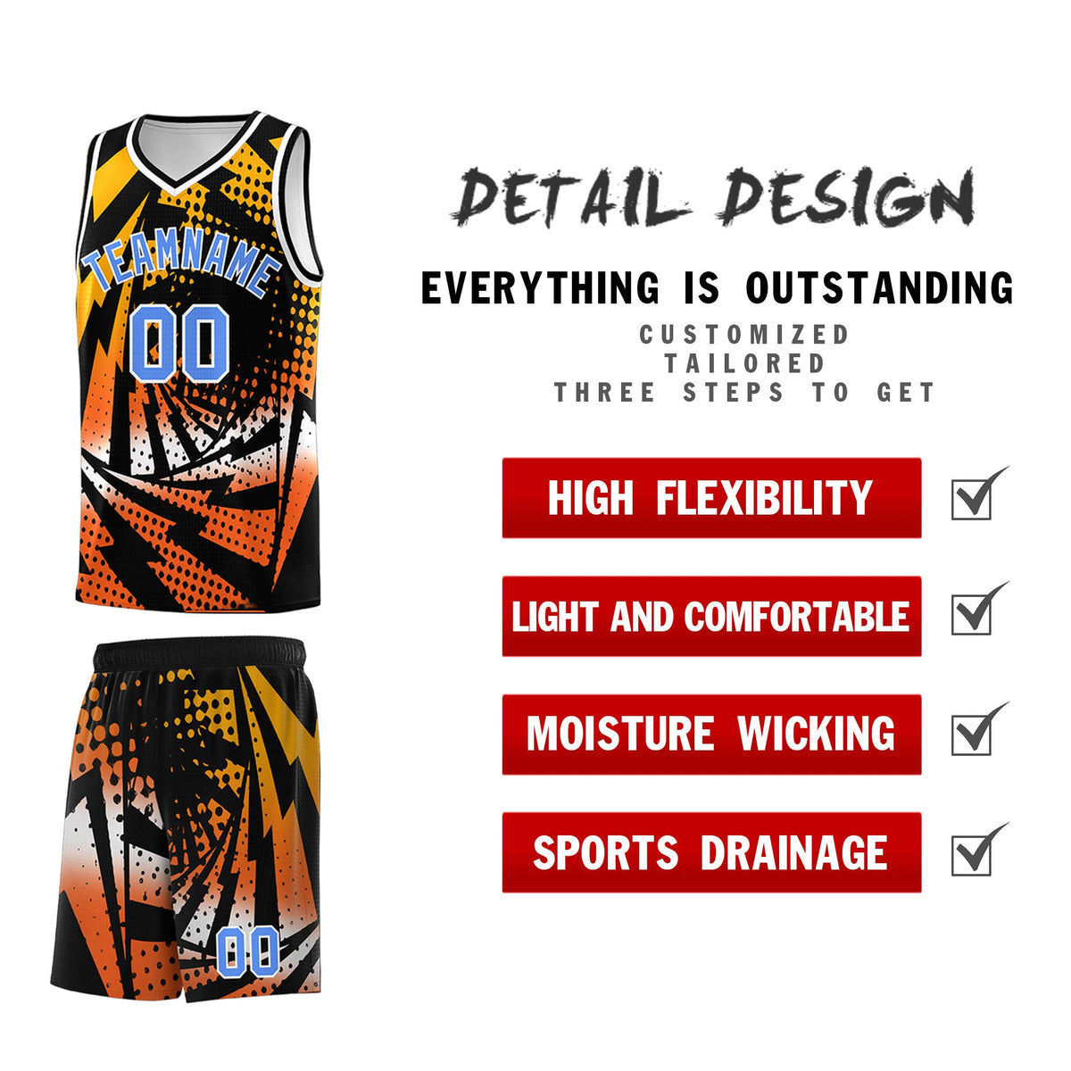Custom Youth Basketball Jerseys Black Orange Lightning Design Halftone Personalized Uniforms