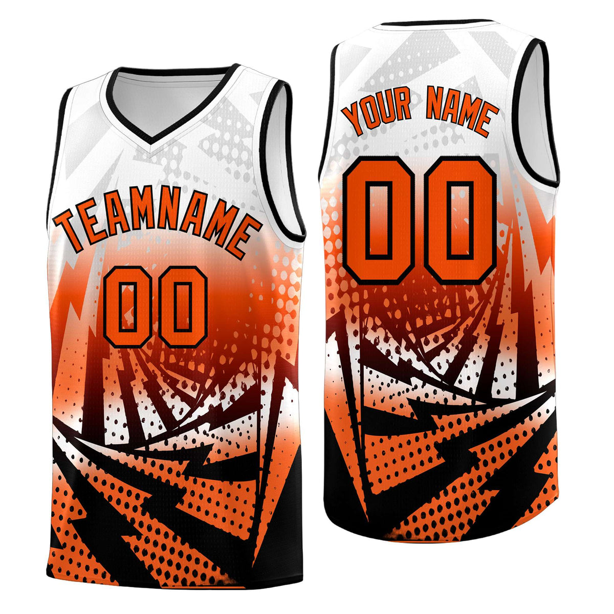 Custom Youth Basketball Jerseys White Orange Lightning Halftone Personalized Team Uniforms