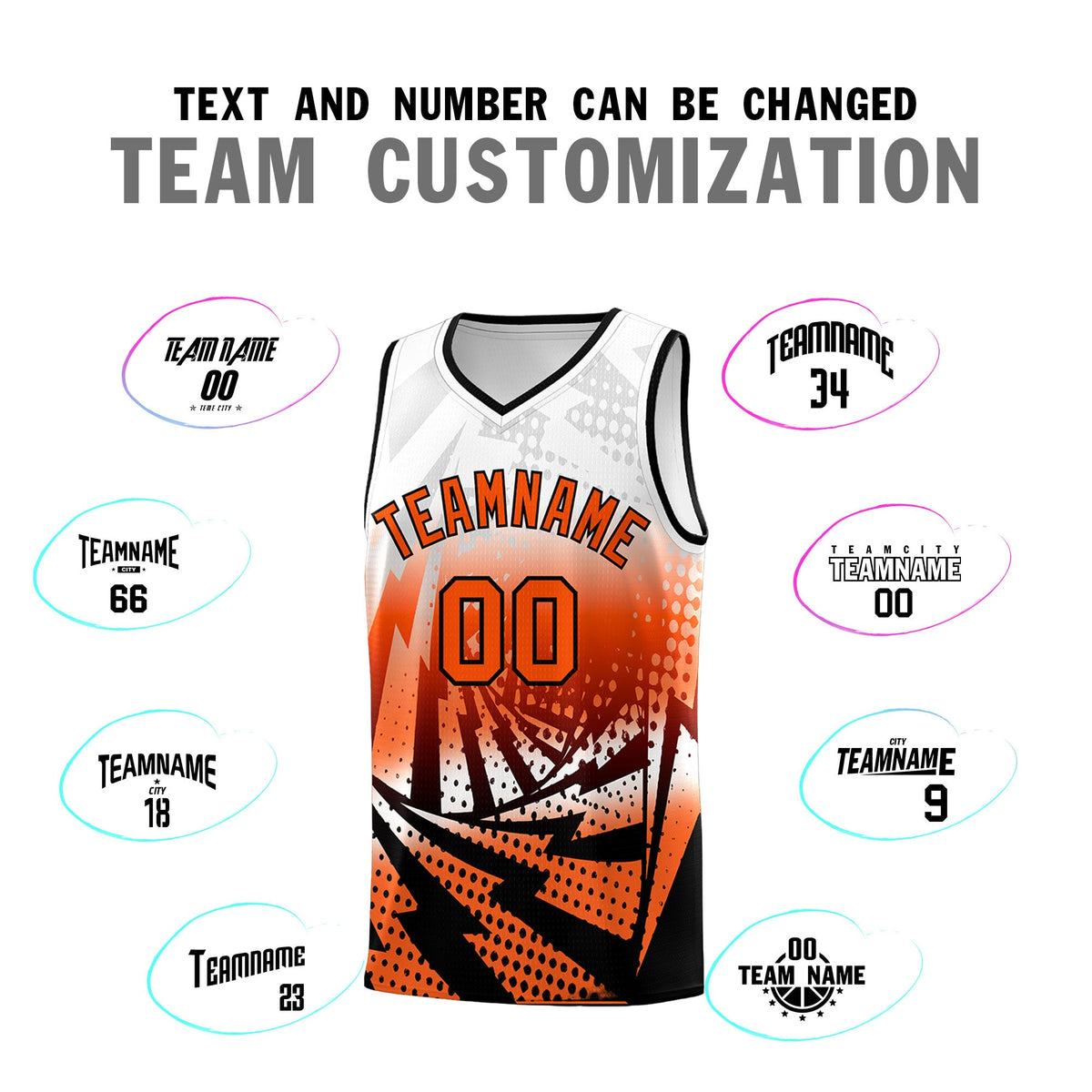 Custom Youth Basketball Jerseys White Orange Lightning Halftone Personalized Team Uniforms
