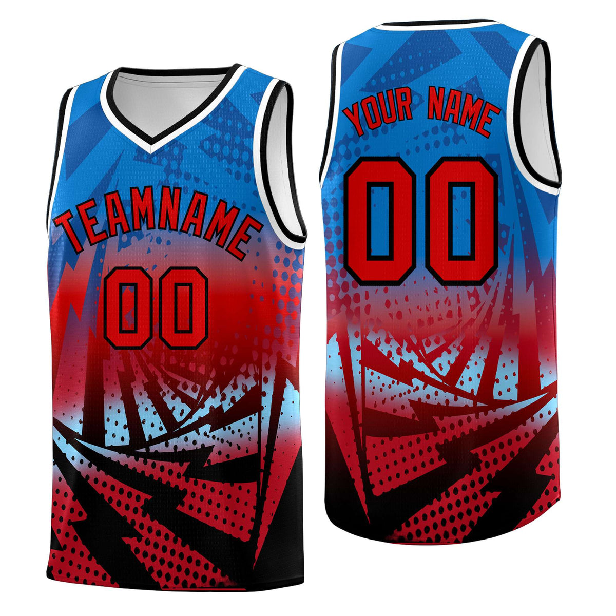 Custom Youth Basketball Jerseys Royal Red Lightning Design Halftone Personalized Uniforms