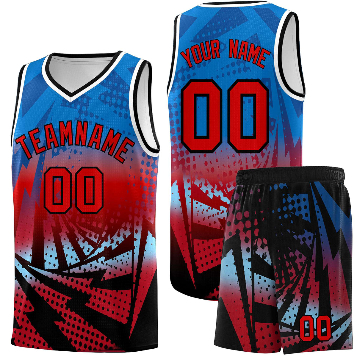 Custom Youth Basketball Jerseys Royal Red Lightning Design Halftone Personalized Uniforms
