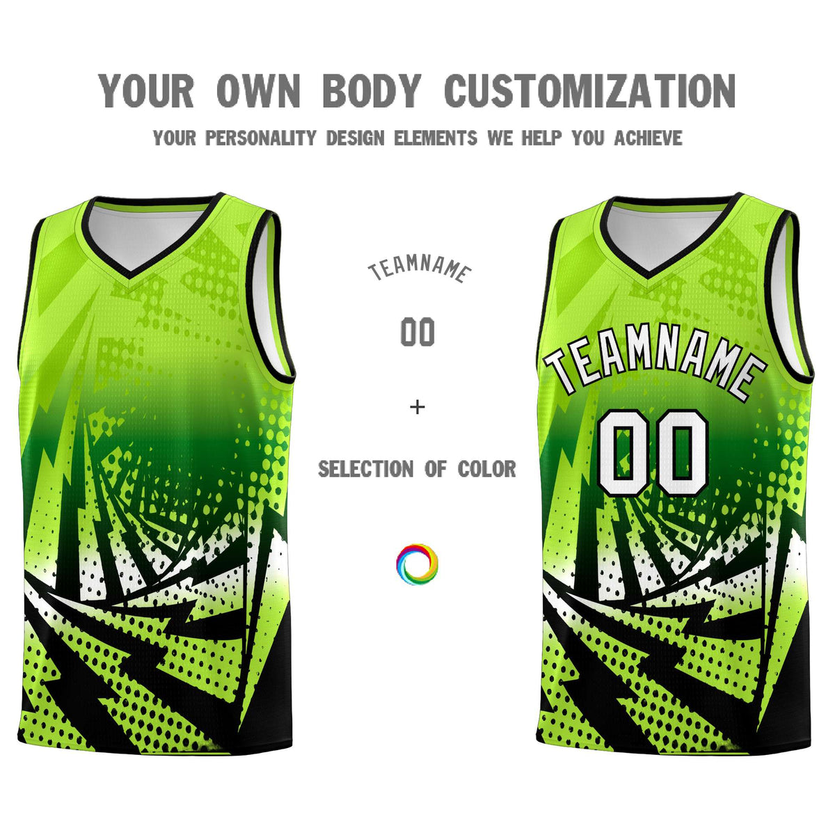 Custom Youth Basketball Jerseys Neon Green Black Lightning Halftone Personalized Team Uniforms