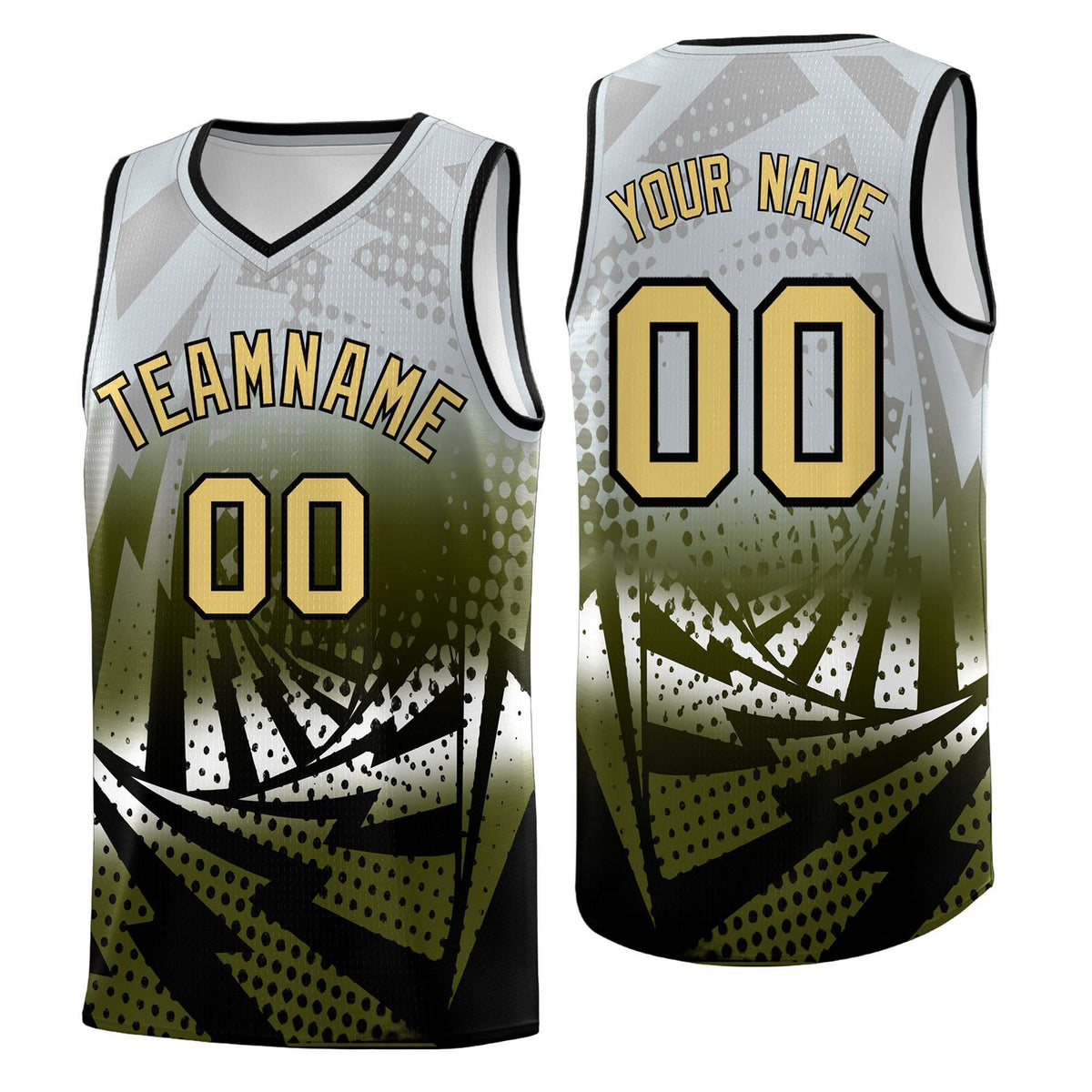 Custom Youth Basketball Jerseys Silver Gray Olive Lightning Design Halftone Personalized Uniforms