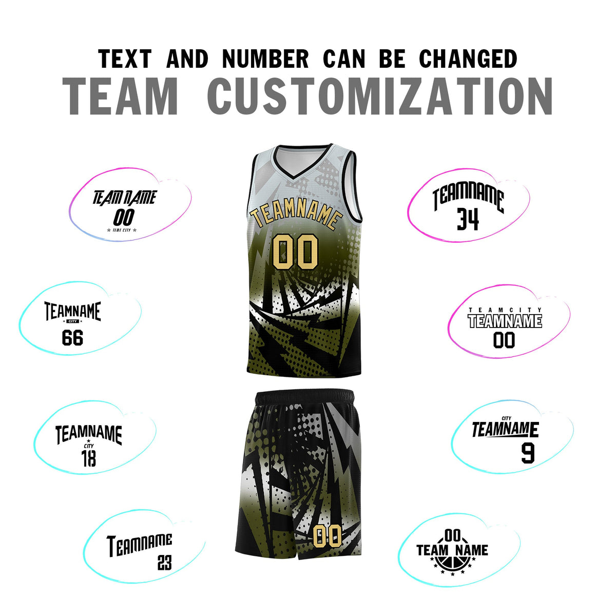 Custom Youth Basketball Jerseys Silver Gray Olive Lightning Design Halftone Personalized Uniforms