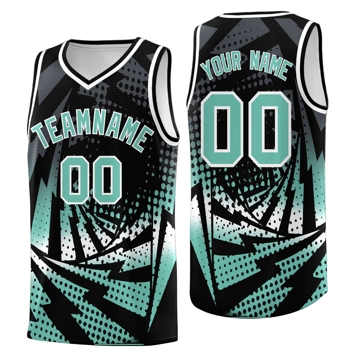Custom Youth Basketball Jerseys Black Bright Green Lightning Halftone Personalized Team Uniforms