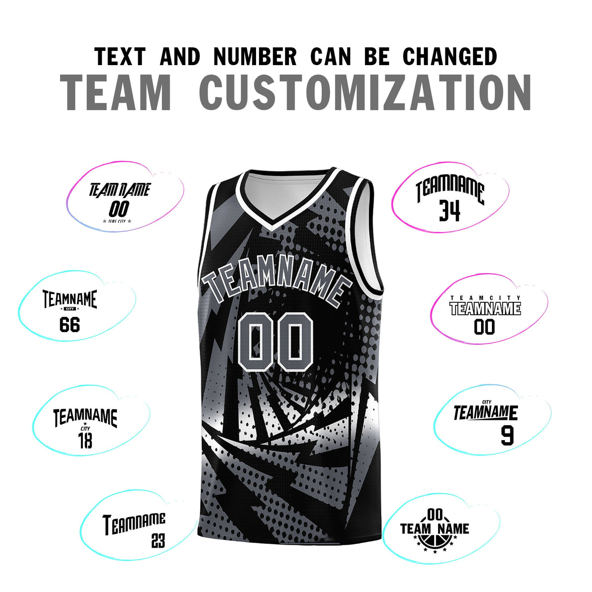 Custom Youth Basketball Jerseys Black Dark Gray Lightning Design Halftone Personalized Uniforms