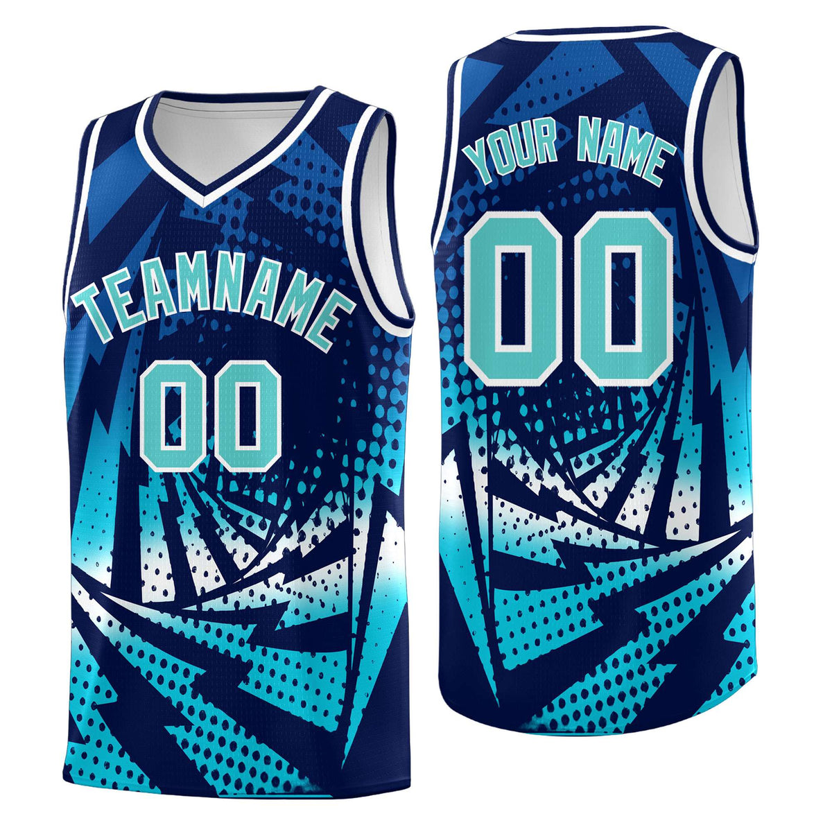 Custom Youth Basketball Jerseys Navy Sky Blue Lightning Halftone Personalized Team Uniforms