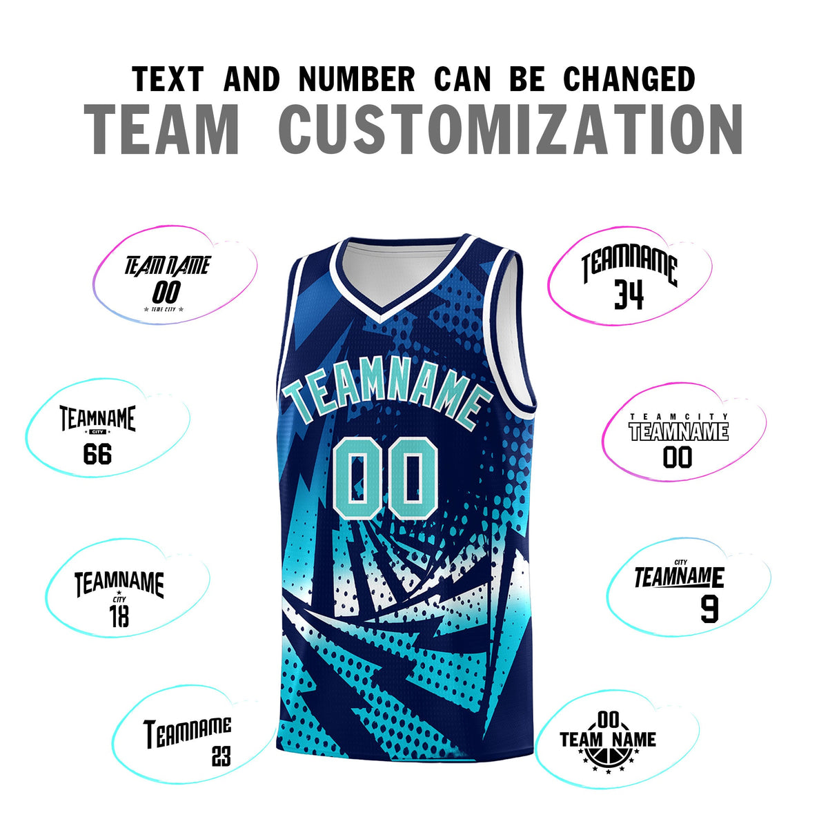 Custom Youth Basketball Jerseys Navy Sky Blue Lightning Halftone Personalized Team Uniforms