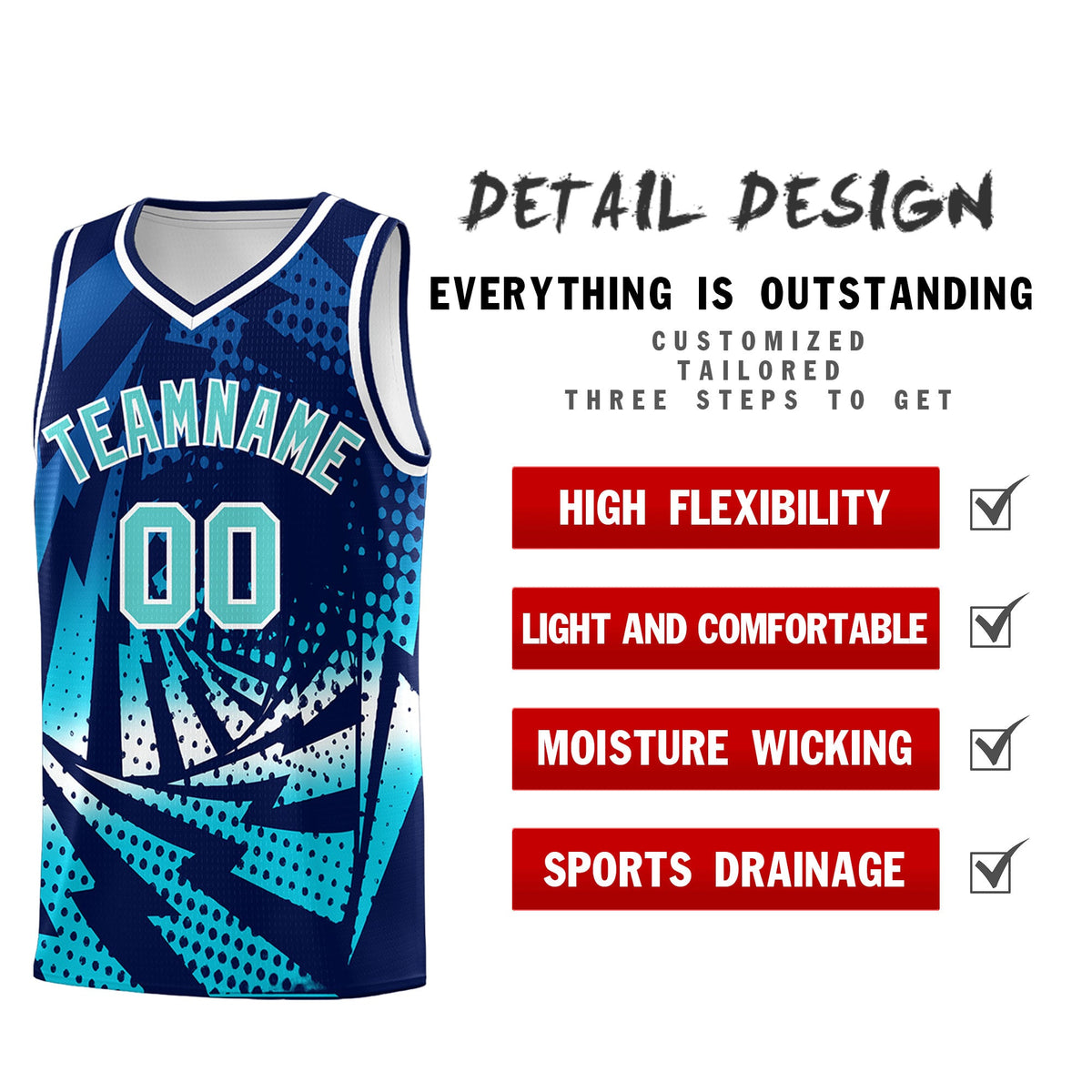 Custom Youth Basketball Jerseys Navy Sky Blue Lightning Halftone Personalized Team Uniforms