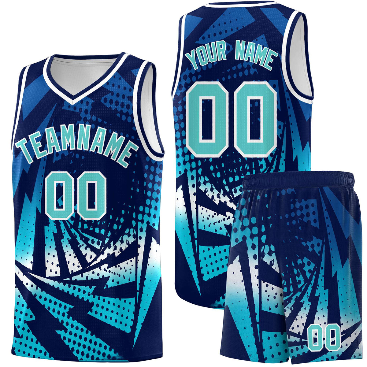 Custom Youth Basketball Jerseys Navy Sky Blue Lightning Halftone Personalized Team Uniforms