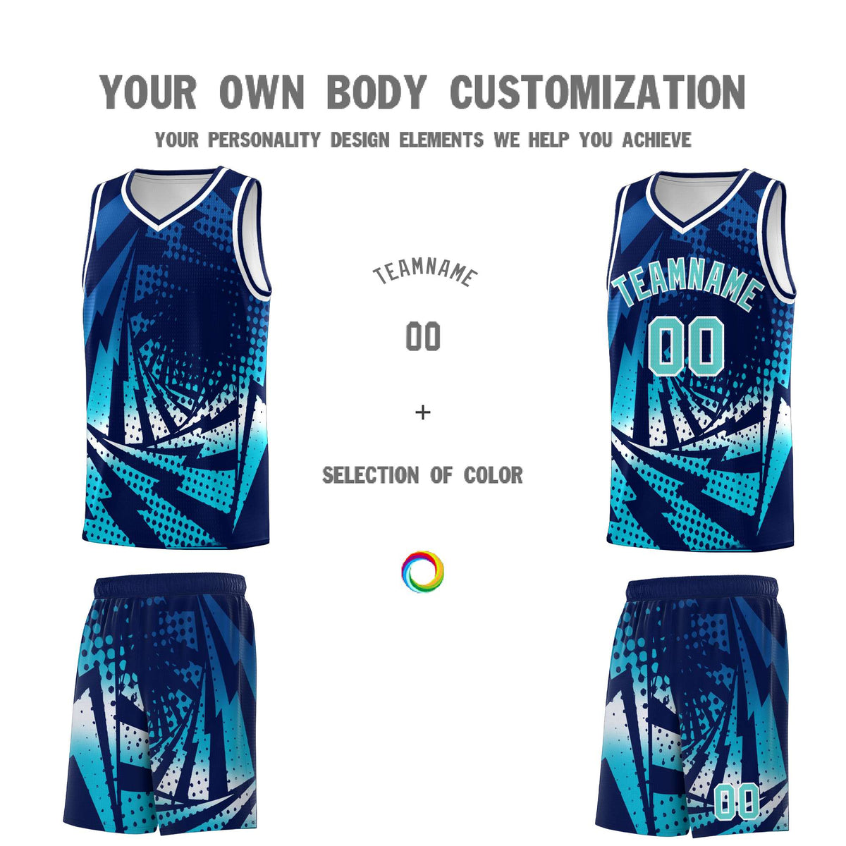 Custom Youth Basketball Jerseys Navy Sky Blue Lightning Halftone Personalized Team Uniforms