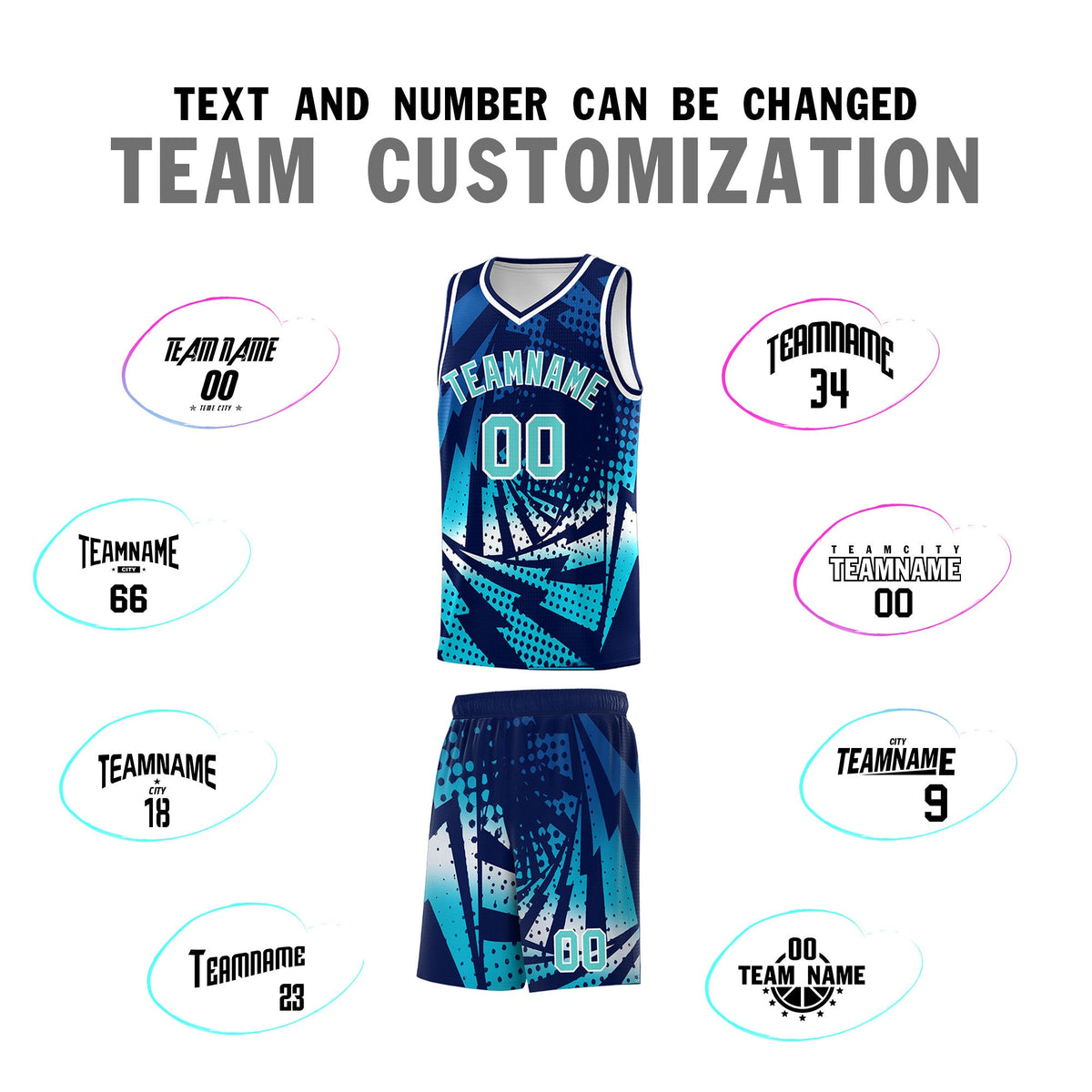 Custom Youth Basketball Jerseys Navy Sky Blue Lightning Halftone Personalized Team Uniforms