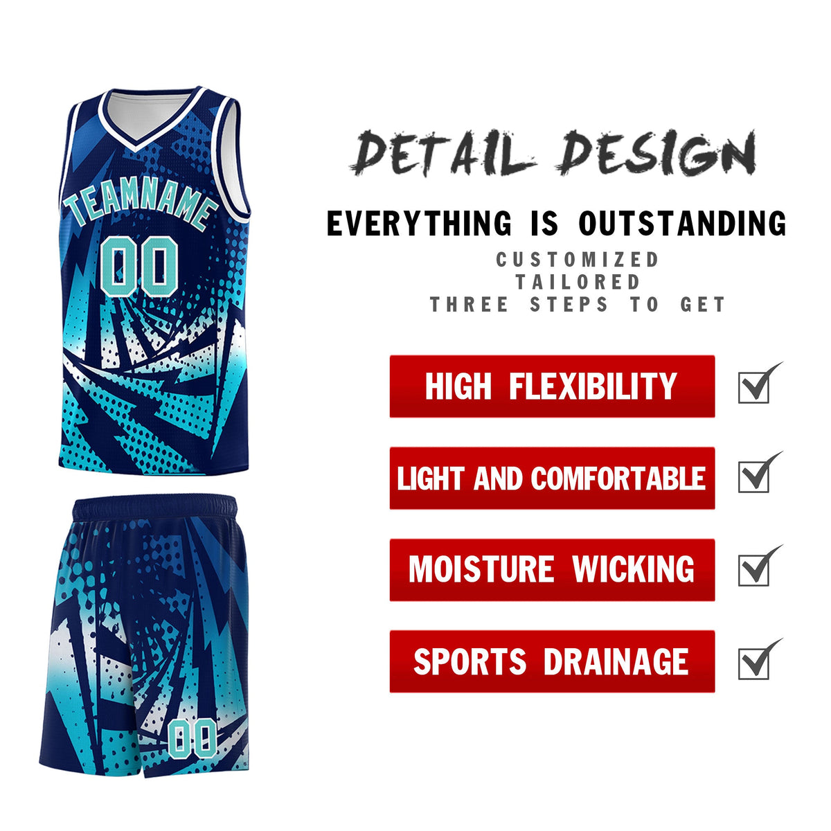 Custom Youth Basketball Jerseys Navy Sky Blue Lightning Halftone Personalized Team Uniforms