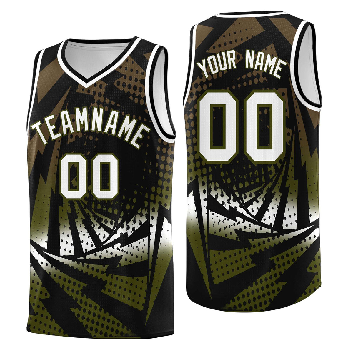 Custom Youth Basketball Jerseys Black Olive Lightning Design Halftone Personalized Uniforms