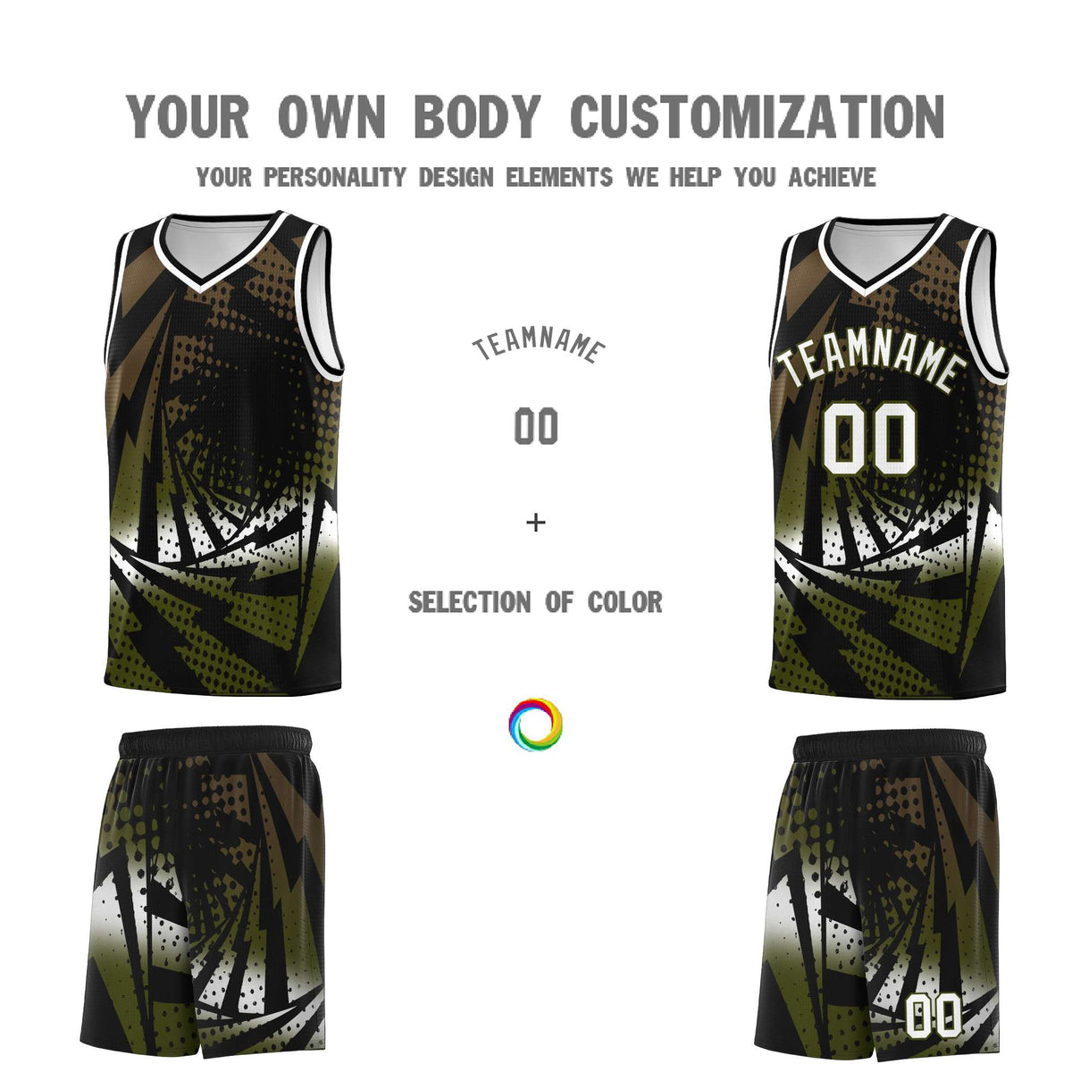 Custom Youth Basketball Jerseys Black Olive Lightning Design Halftone Personalized Uniforms
