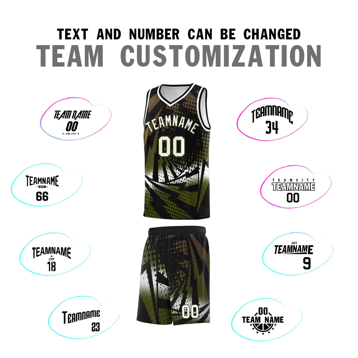 Custom Youth Basketball Jerseys Black Olive Lightning Design Halftone Personalized Uniforms