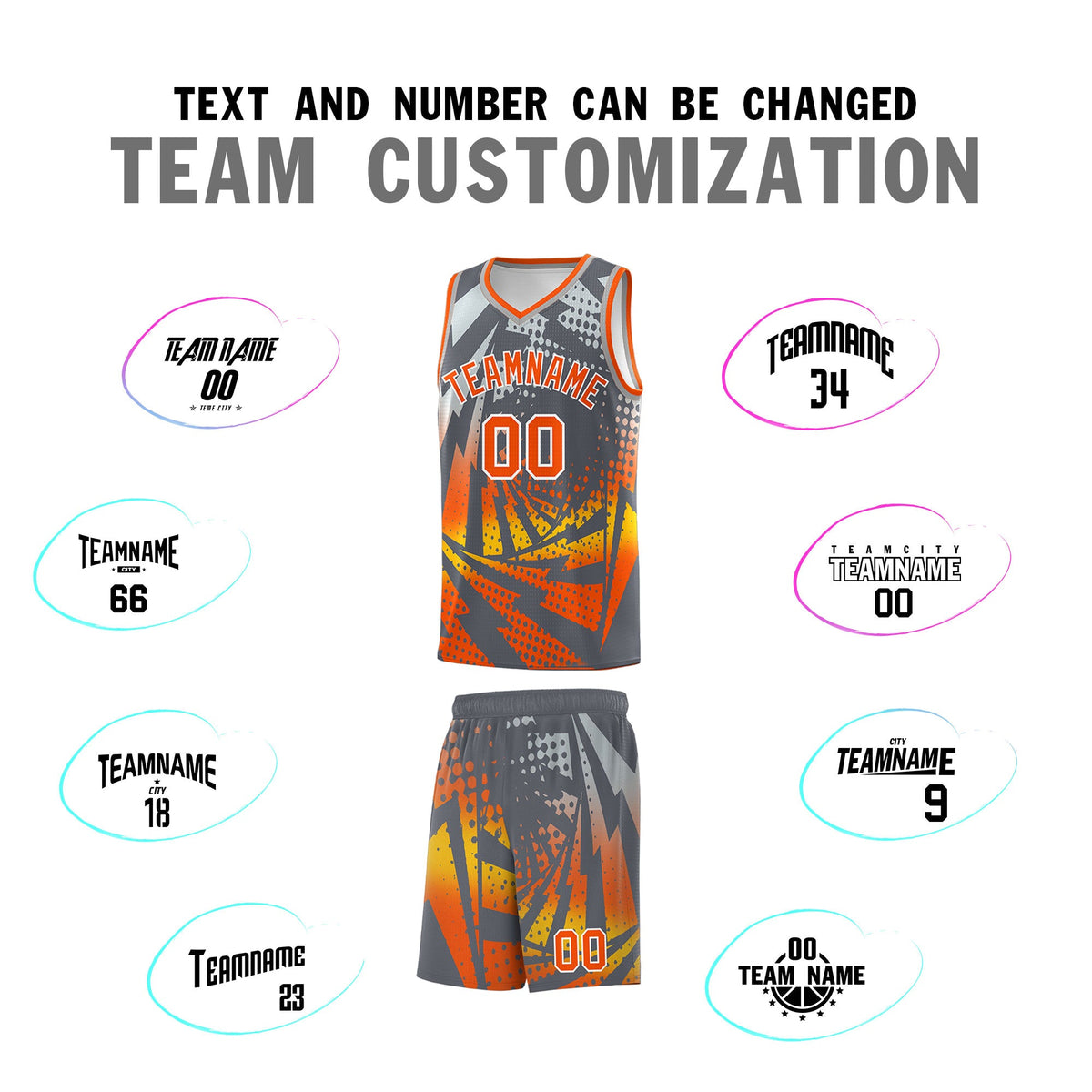 Custom Youth Basketball Jerseys Dark Gray Orange Lightning Design Halftone Personalized Uniforms