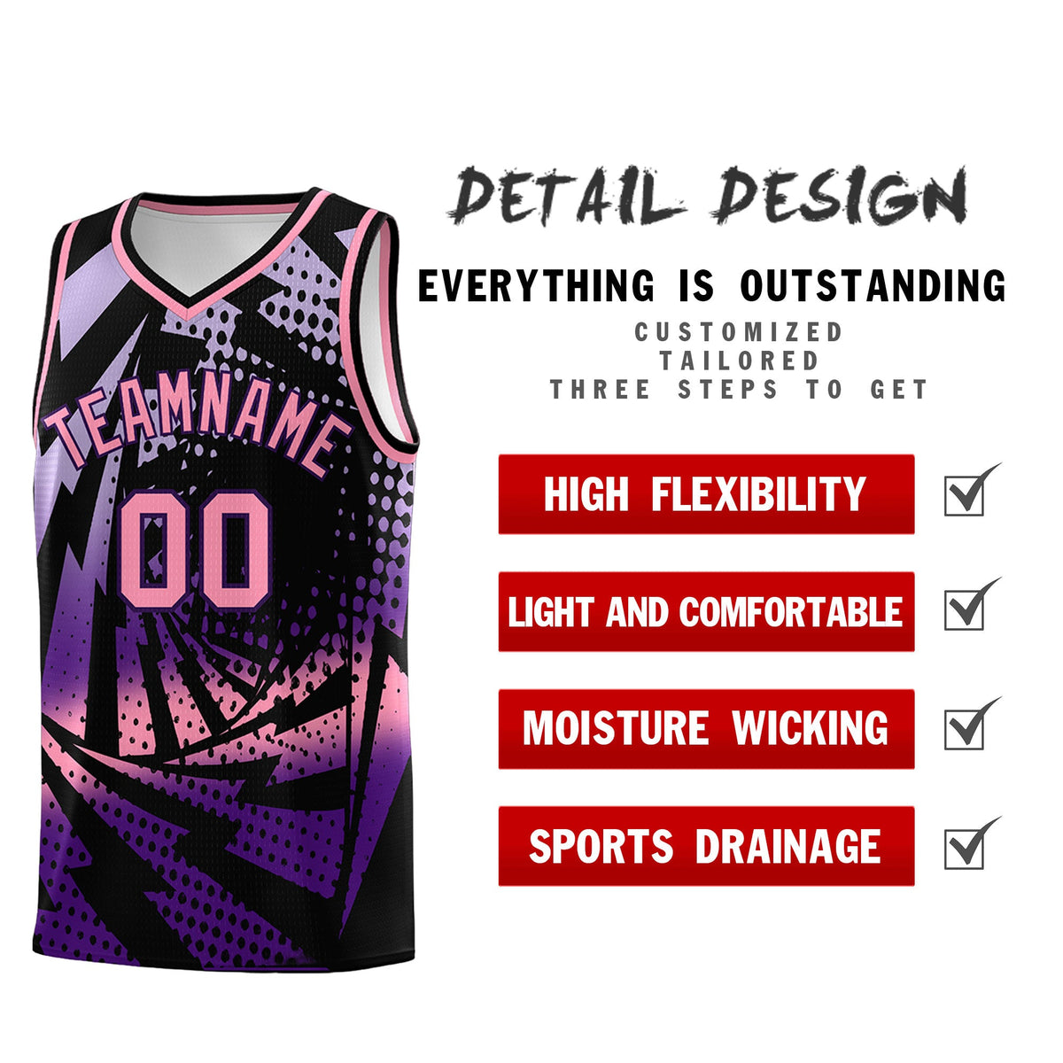 Custom Youth Basketball Jerseys Black Purple Lightning Halftone Personalized Team Uniforms