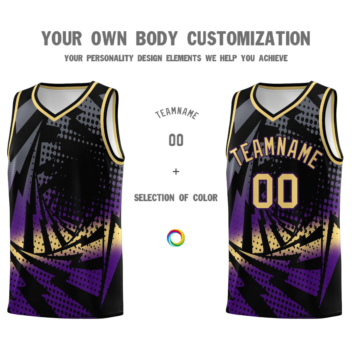 Custom Youth Basketball Jerseys Black Purple Lightning Design Halftone Personalized Uniforms