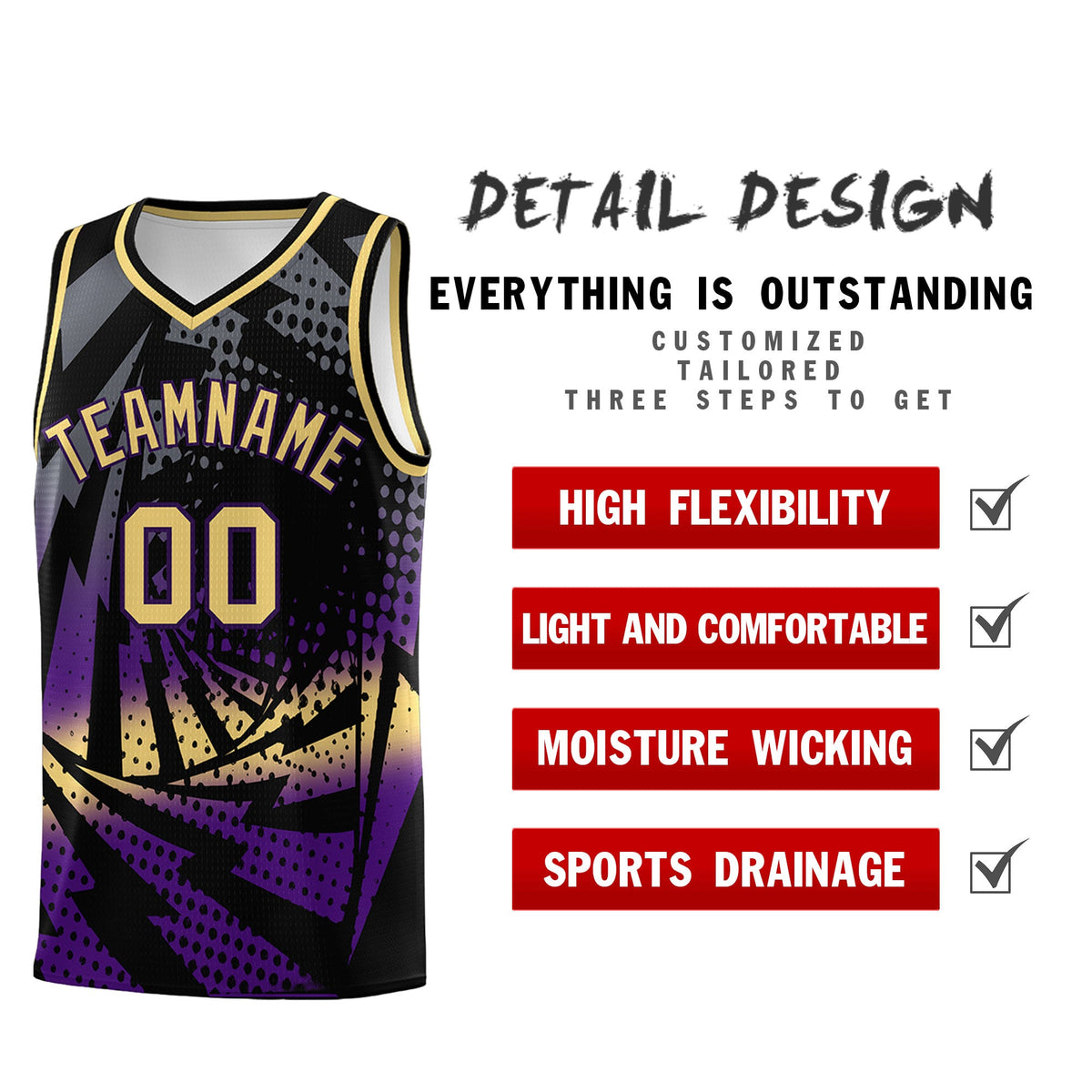 Custom Youth Basketball Jerseys Black Purple Lightning Design Halftone Personalized Uniforms