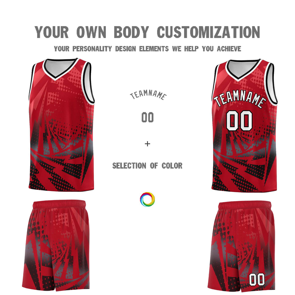 Custom Youth Basketball Jerseys Red Black Lightning Halftone Personalized Team Uniforms