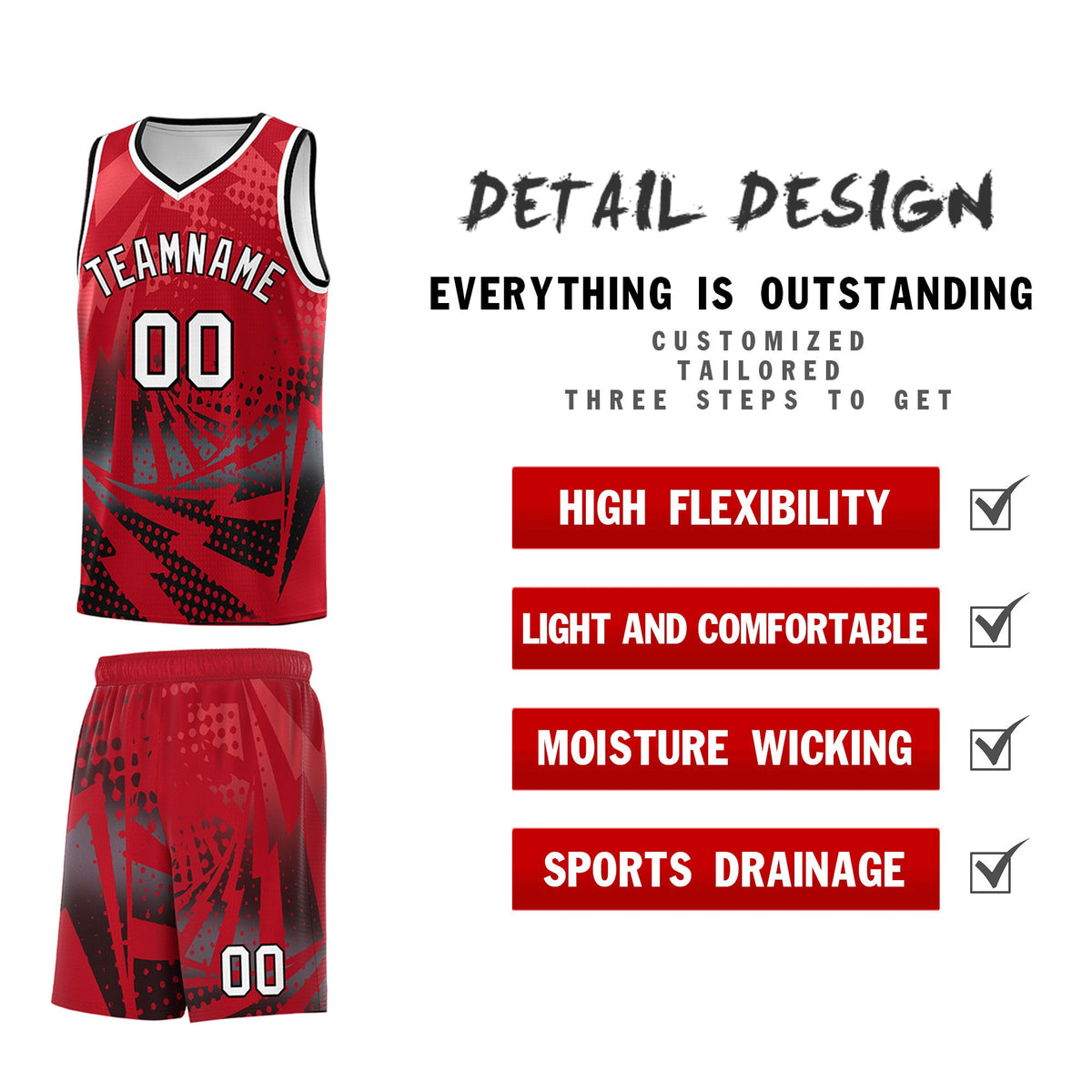Custom Youth Basketball Jerseys Red Black Lightning Halftone Personalized Team Uniforms