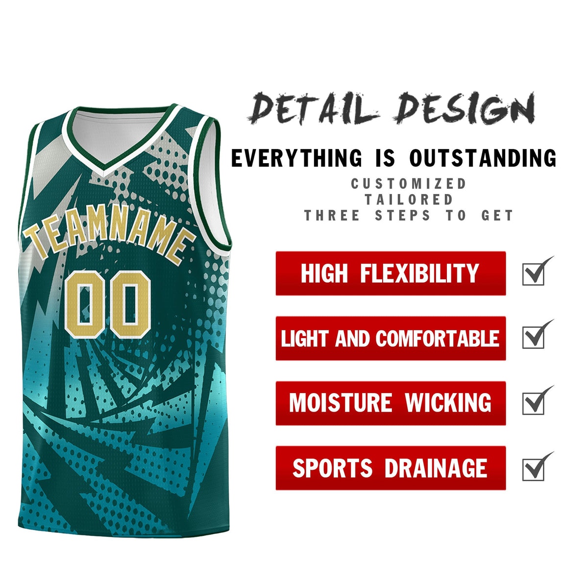Custom Youth Basketball Jerseys Midnight Green Teal Lightning Halftone Personalized Team Uniforms