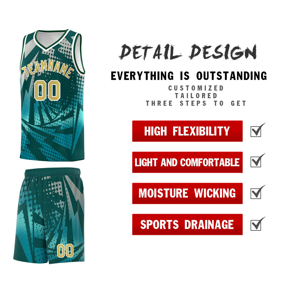 Custom Youth Basketball Jerseys Midnight Green Teal Lightning Halftone Personalized Team Uniforms