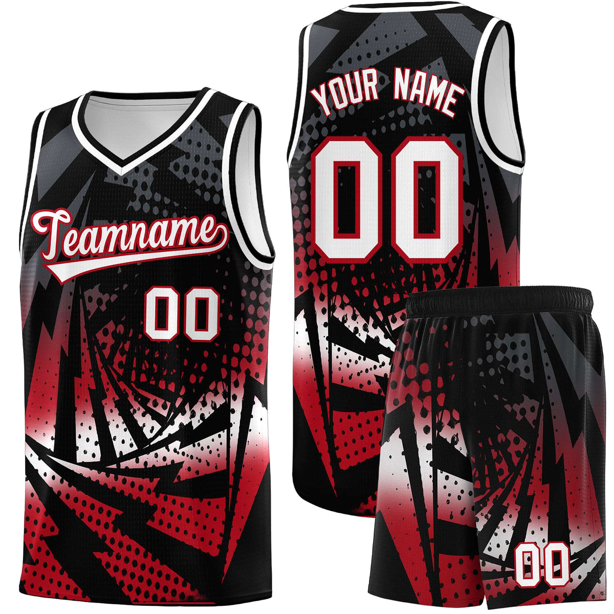 Custom Youth Basketball Jerseys Black Red Lightning Halftone Personalized Team Uniforms