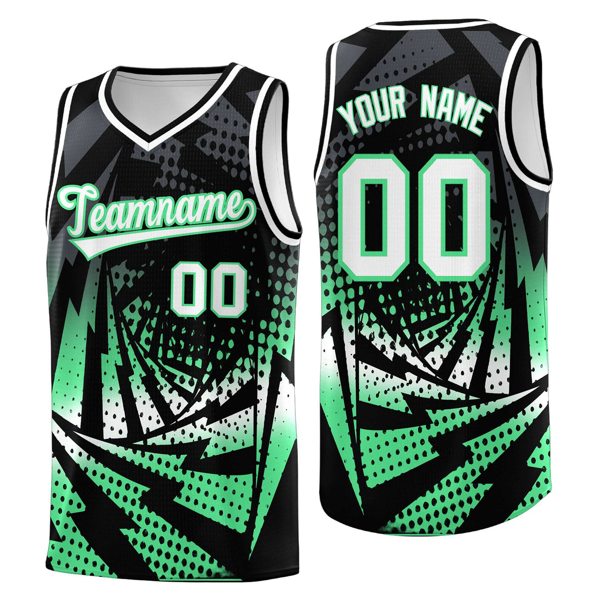 Custom Youth Basketball Jerseys Black Green Lightning Design Halftone Personalized Uniforms