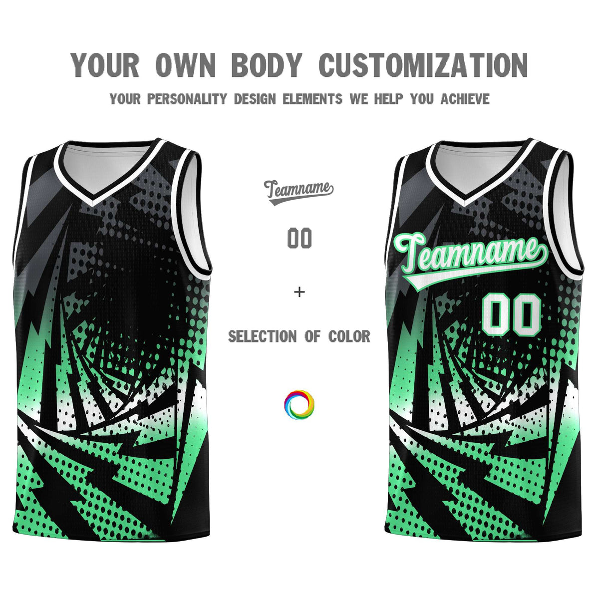 Custom Youth Basketball Jerseys Black Green Lightning Design Halftone Personalized Uniforms