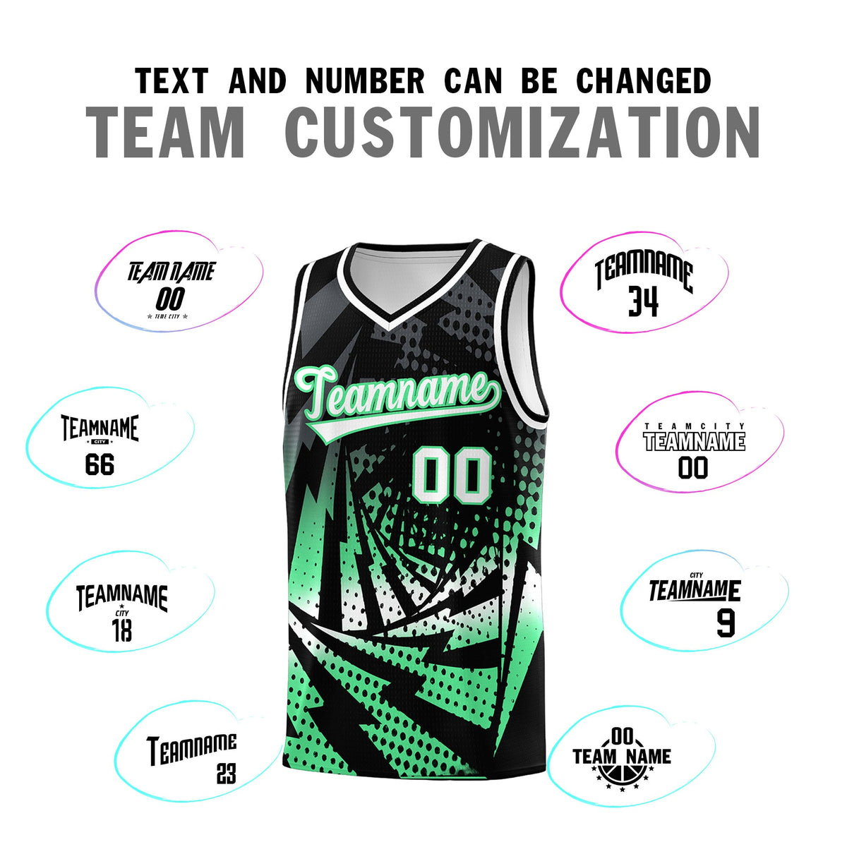 Custom Youth Basketball Jerseys Black Green Lightning Design Halftone Personalized Uniforms