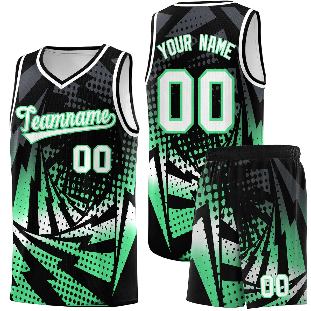Custom Youth Basketball Jerseys Black Green Lightning Design Halftone Personalized Uniforms