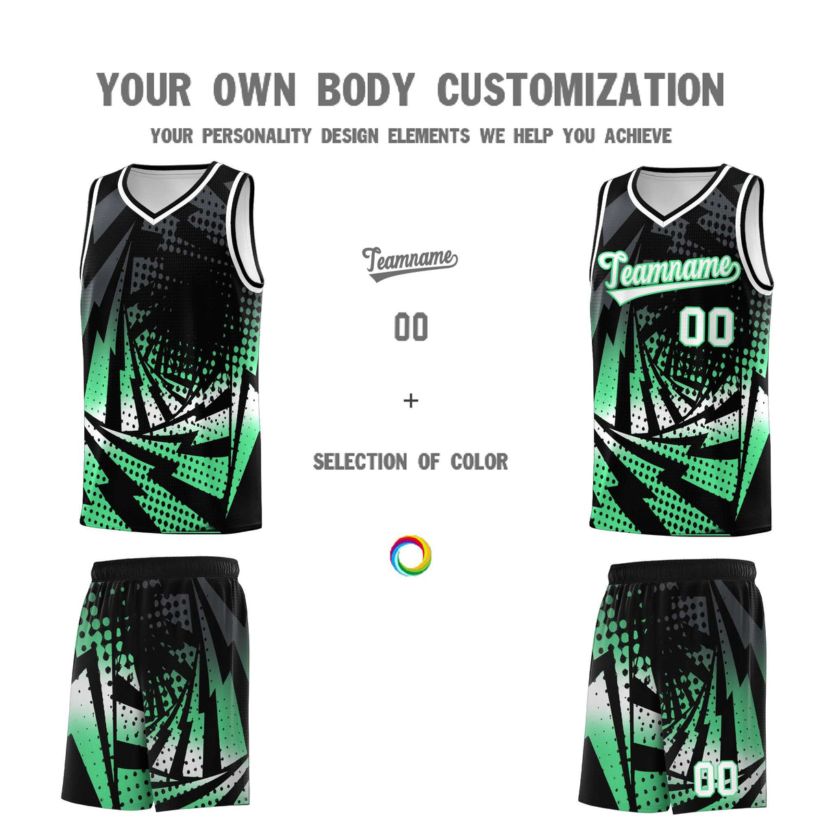 Custom Youth Basketball Jerseys Black Green Lightning Design Halftone Personalized Uniforms