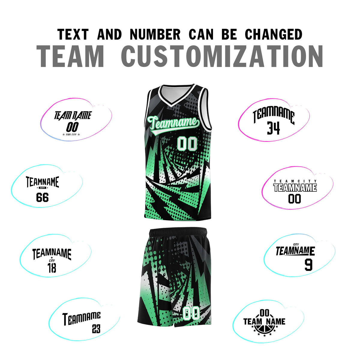 Custom Youth Basketball Jerseys Black Green Lightning Design Halftone Personalized Uniforms
