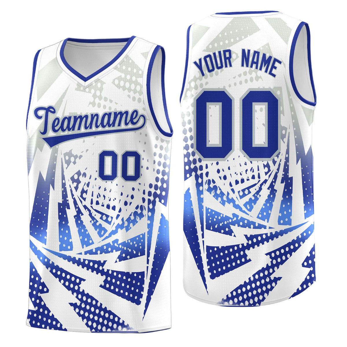 Custom Youth Basketball Jerseys White Royal Blue Lightning Design Halftone Personalized Uniforms