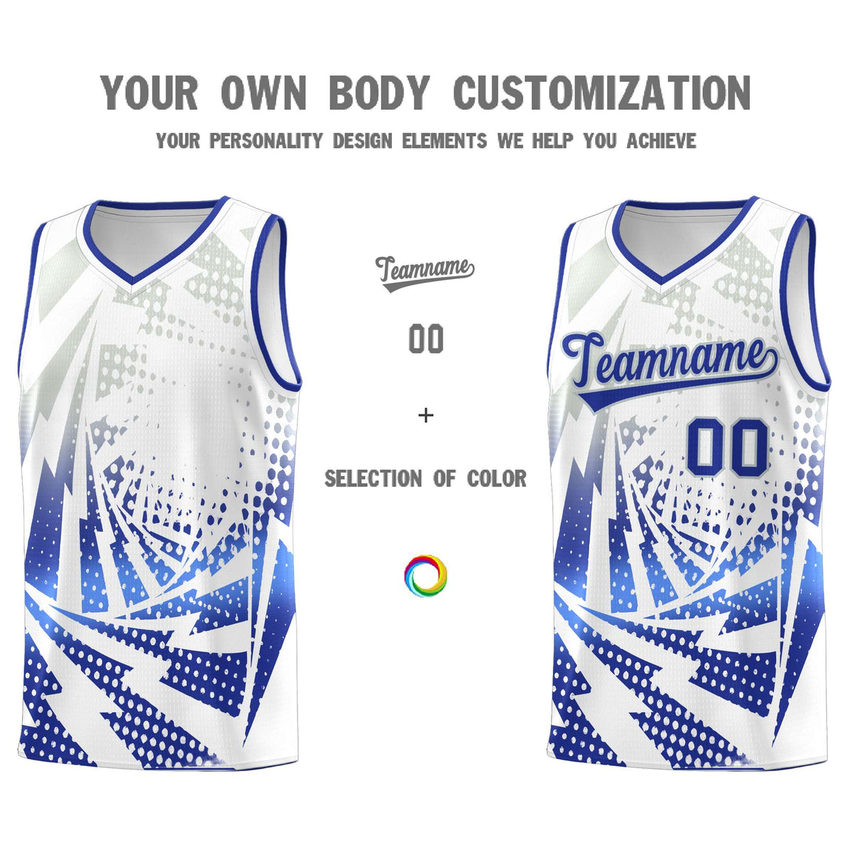 Custom Youth Basketball Jerseys White Royal Blue Lightning Design Halftone Personalized Uniforms