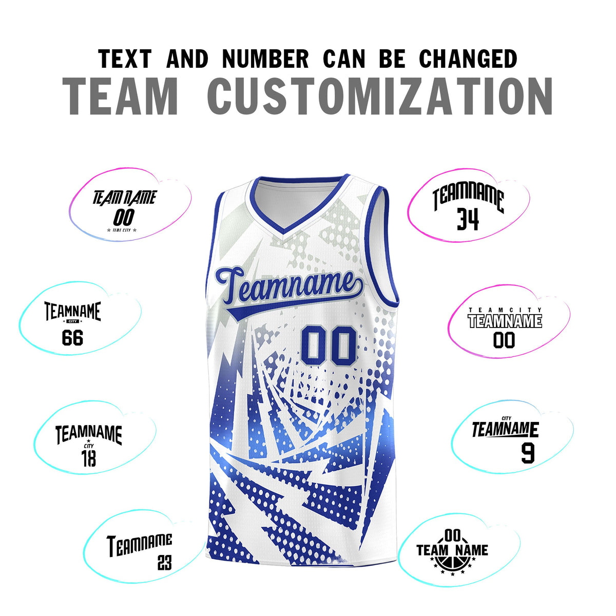 Custom Youth Basketball Jerseys White Royal Blue Lightning Design Halftone Personalized Uniforms