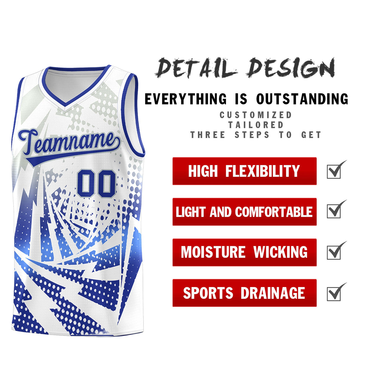 Custom Youth Basketball Jerseys White Royal Blue Lightning Design Halftone Personalized Uniforms