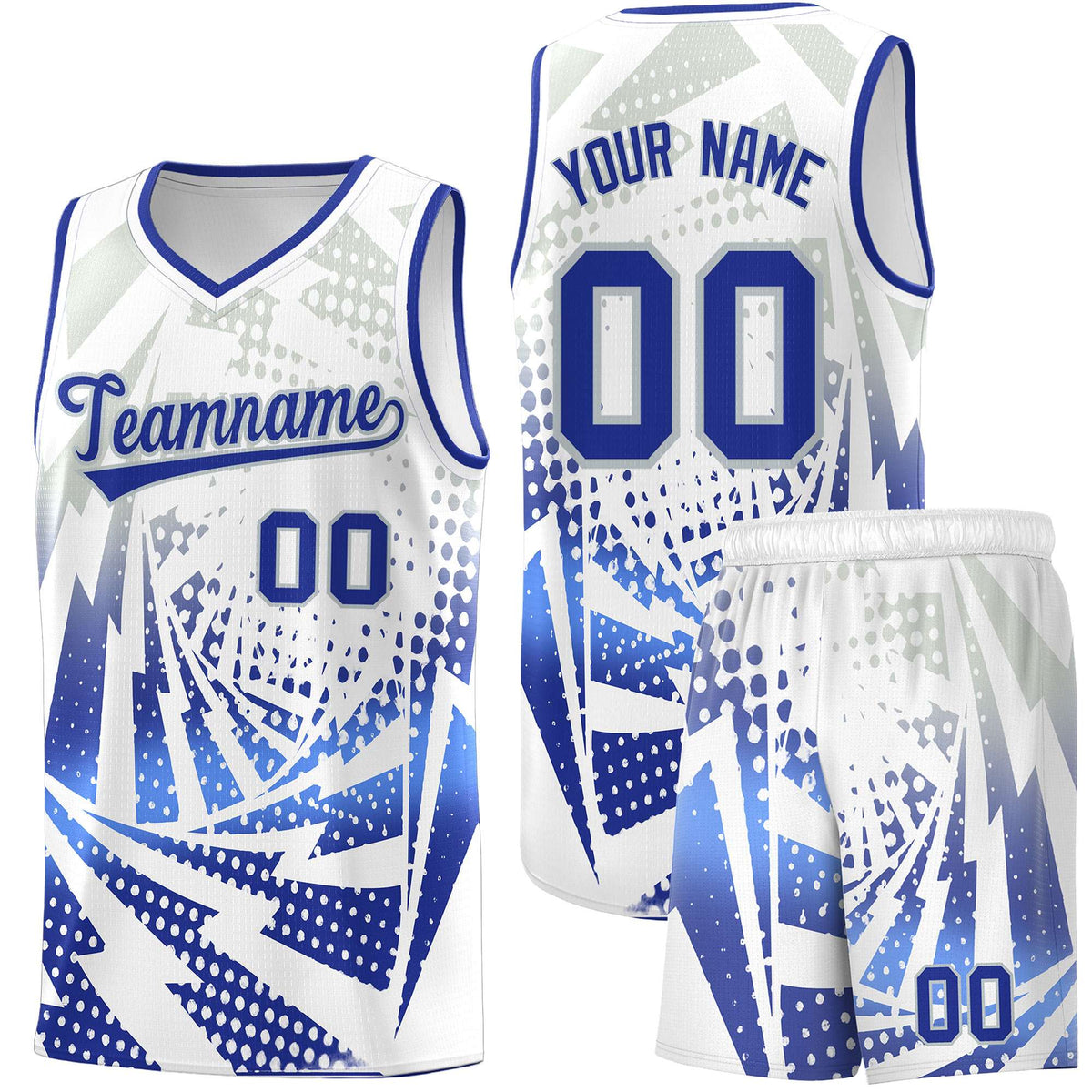 Custom Youth Basketball Jerseys White Royal Blue Lightning Design Halftone Personalized Uniforms