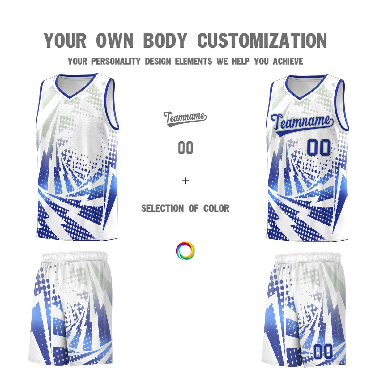 Custom Youth Basketball Jerseys White Royal Blue Lightning Design Halftone Personalized Uniforms