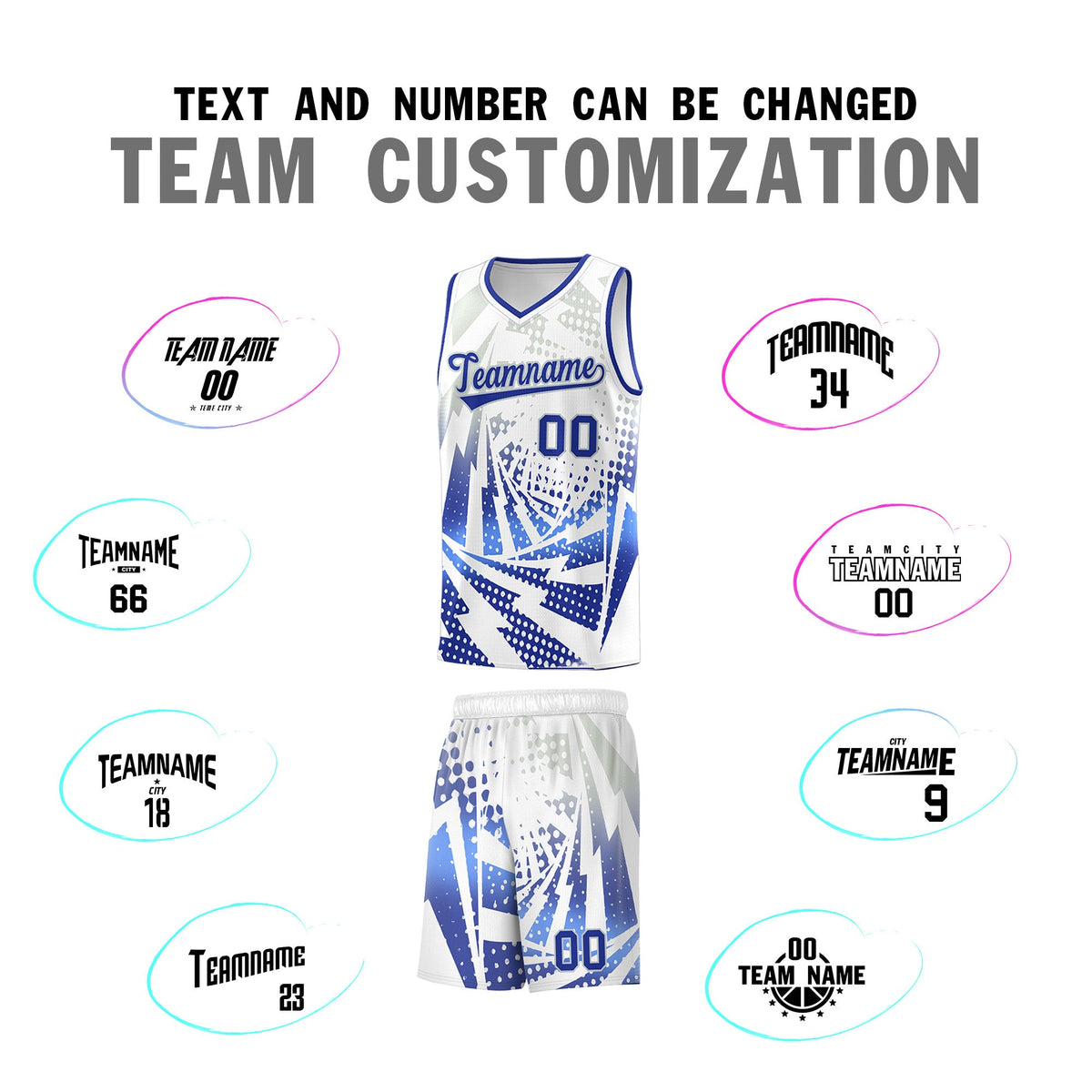 Custom Youth Basketball Jerseys White Royal Blue Lightning Design Halftone Personalized Uniforms