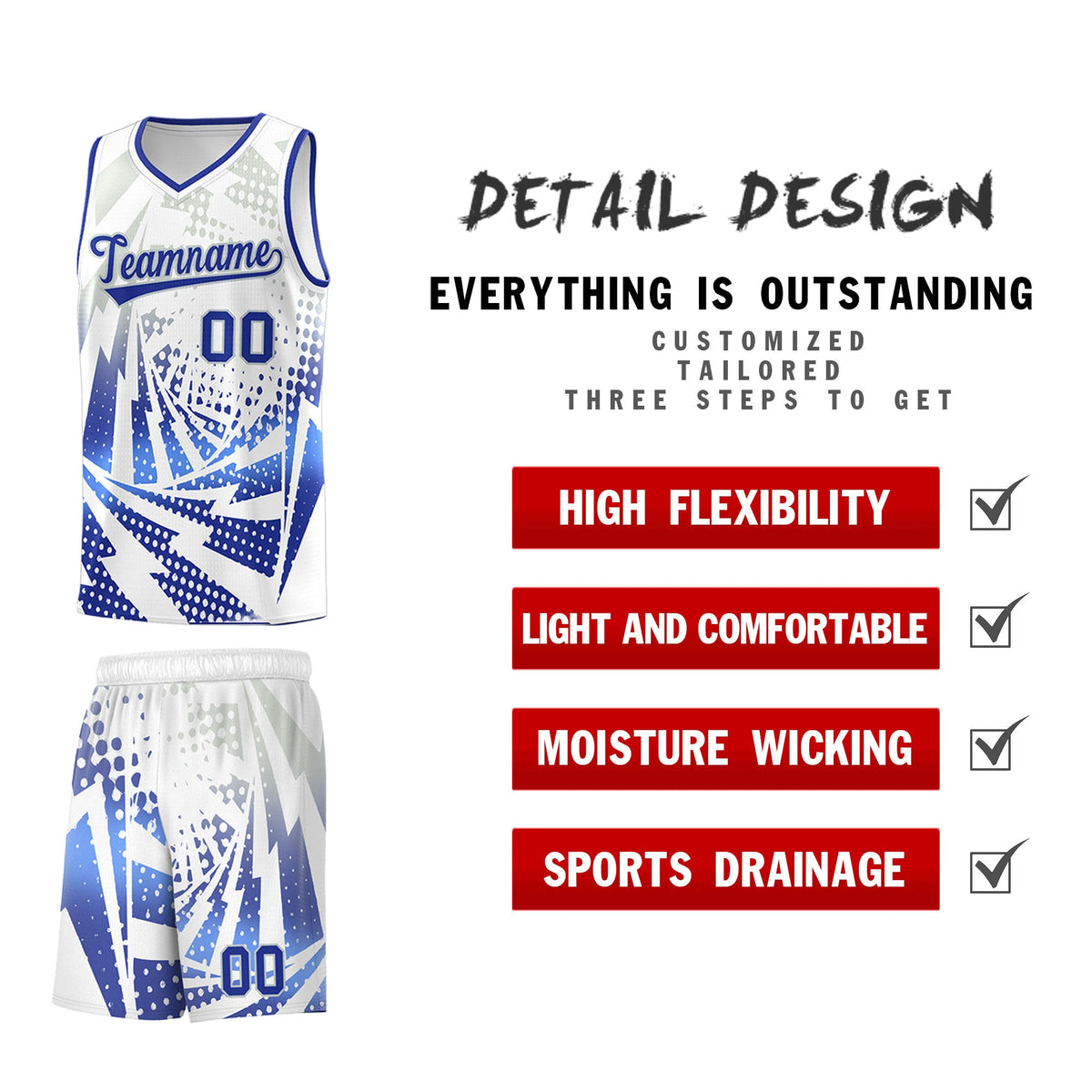 Custom Youth Basketball Jerseys White Royal Blue Lightning Design Halftone Personalized Uniforms