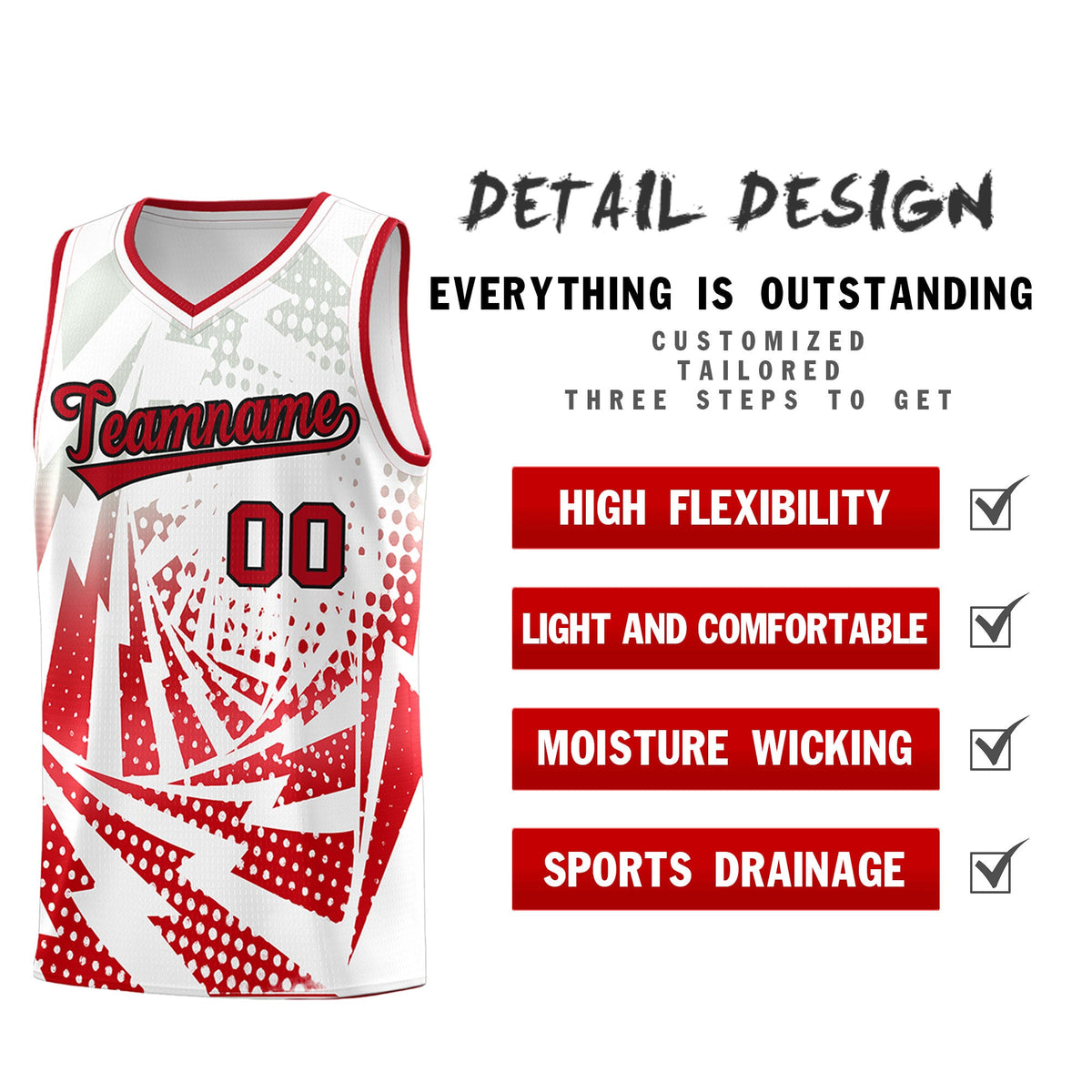 Custom Youth Basketball Jerseys White Red Lightning Halftone Personalized Team Uniforms