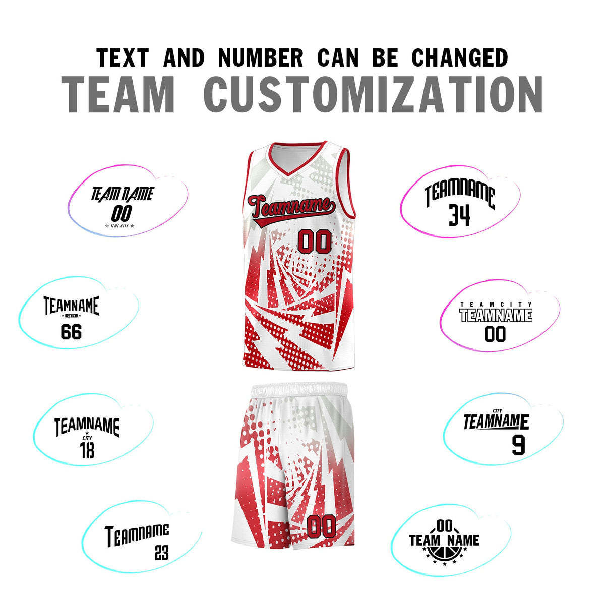 Custom Youth Basketball Jerseys White Red Lightning Halftone Personalized Team Uniforms