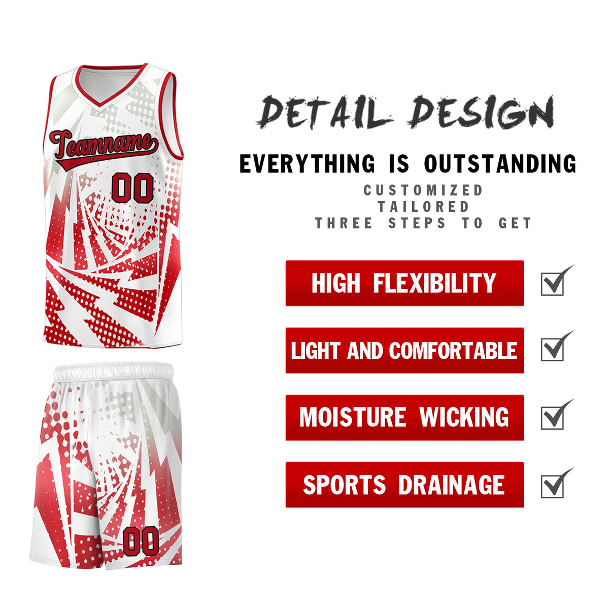 Custom Youth Basketball Jerseys White Red Lightning Halftone Personalized Team Uniforms